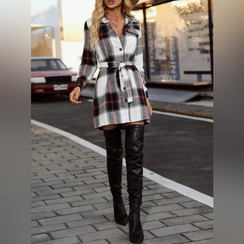 Women Flannel Plaid Shirt Dress Button Down Long Sleeve Lapel Dress with Belt